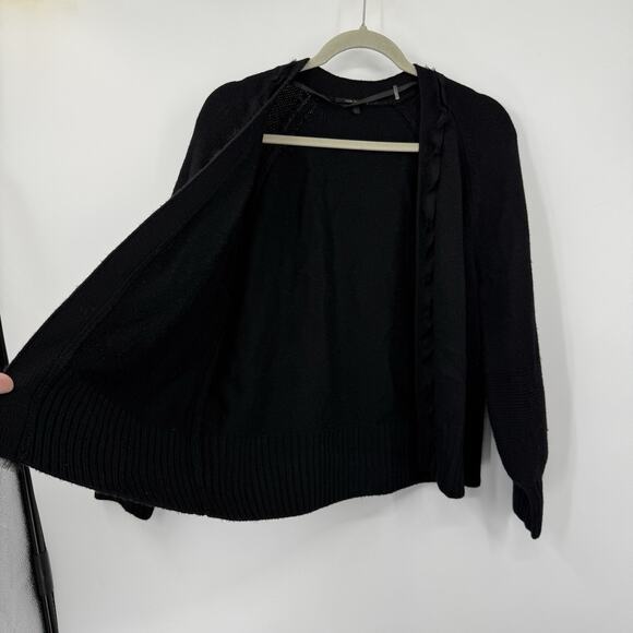 Kobi Halperin Wool Cardigan Large Black Open Long Puff Sleeves Fringe Trim Shrug - Picture 4 of 14